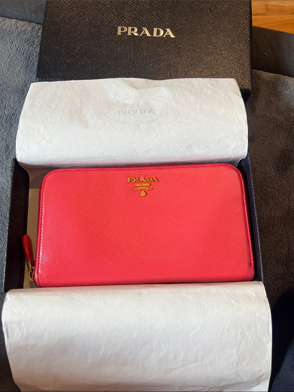 Prada Coral Pink Zip-Around Card Holder with Gold Logo